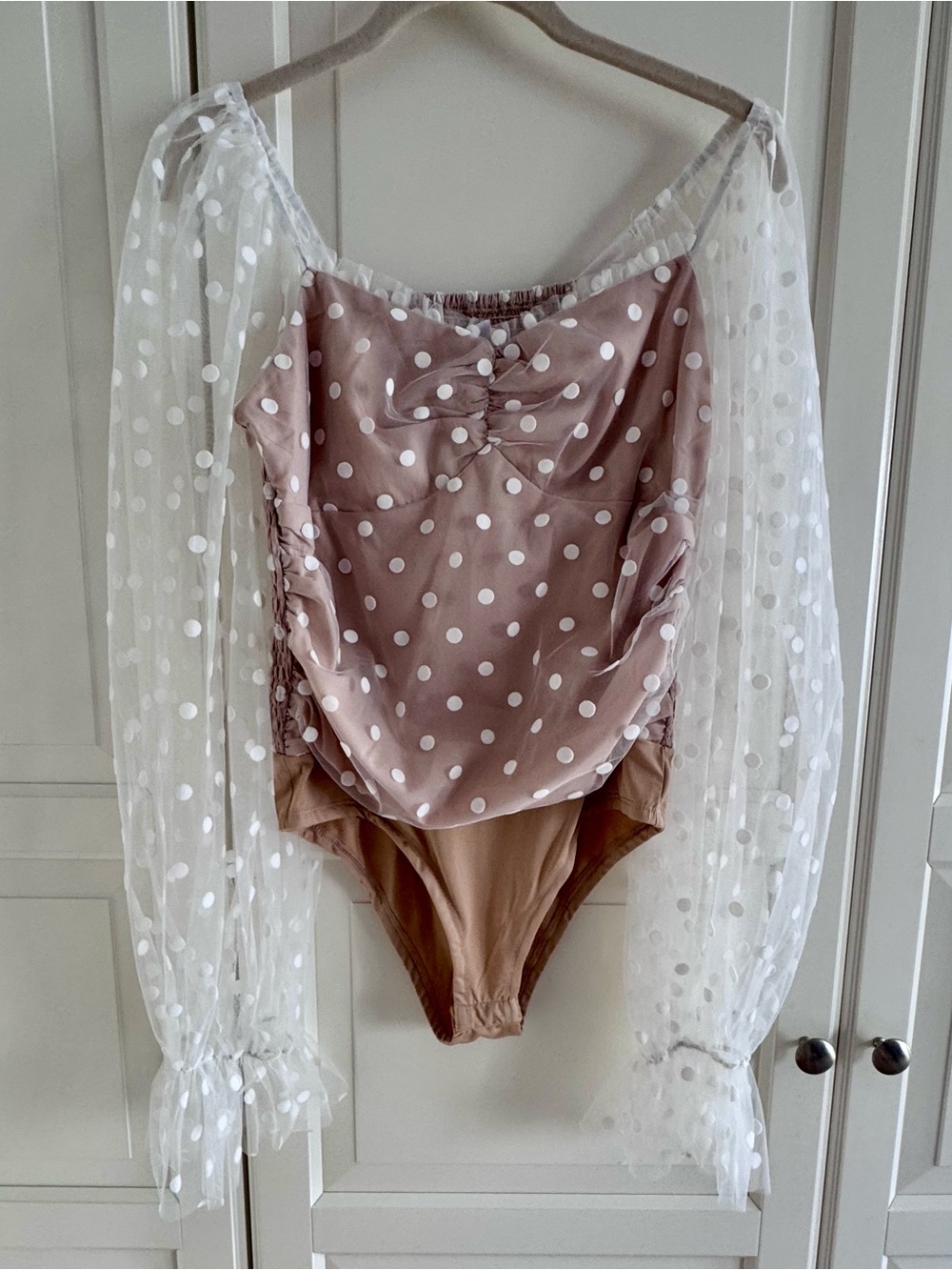 Showpo Pink Polka Dot Sheer Sleeve Bodysuit